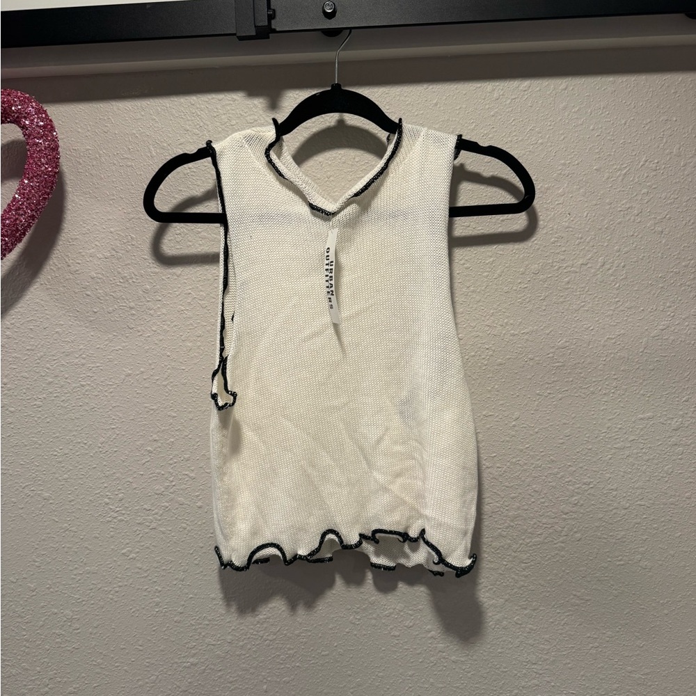White Knit Sleeveless Top with Black Trim